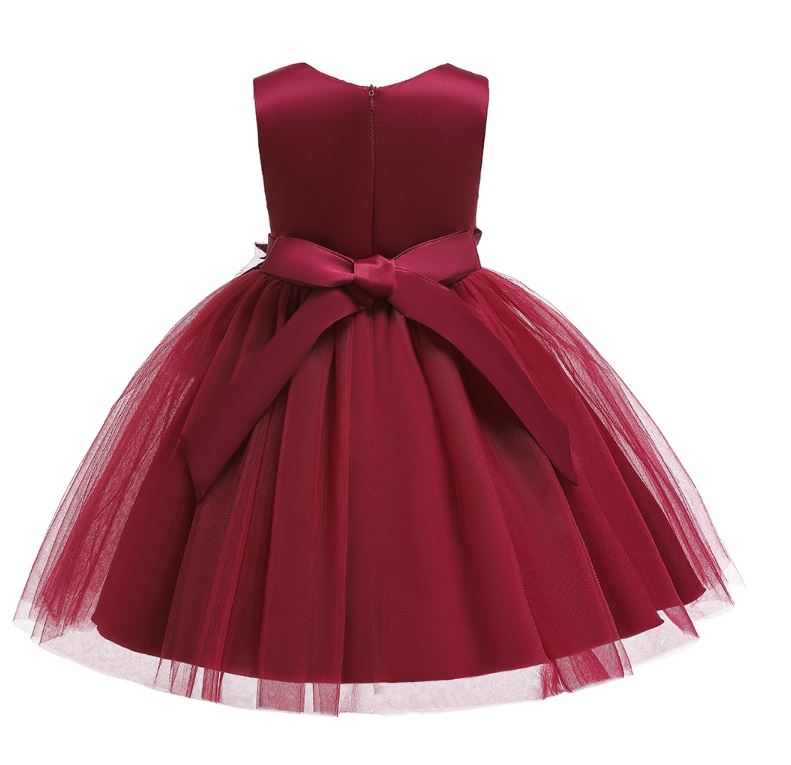 Girls Maroon Flower Party Dress - Image 3